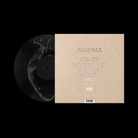 "AURORA. WHAT HAPPENED TO THE HEART? PT. 2". Ein Schallplattencover mit Herzzeichnung und schwarzer Vinylplatte.