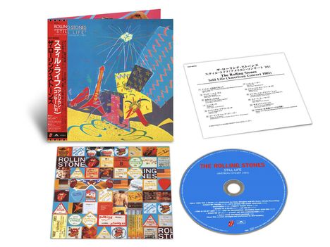 "THE ROLLING STONES STILL LIFE" auf CD und Cover. Buntes, abstraktes Design mit Schriftzug. Beiliegende Trackliste.