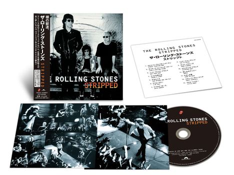 "ROLLING STONES STRIPPED." Schwarz-weiße Fotos von Bandmitgliedern, eine Trackliste und eine CD sind sichtbar.