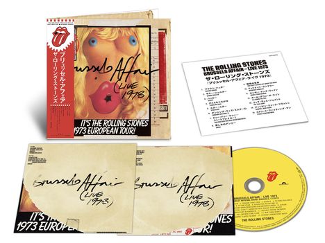 Cover mit handschriftlichem Text "Brussels Affair (Live 1973)". Trackliste auf Englisch und Japanisch. Rolling Stones Logo.