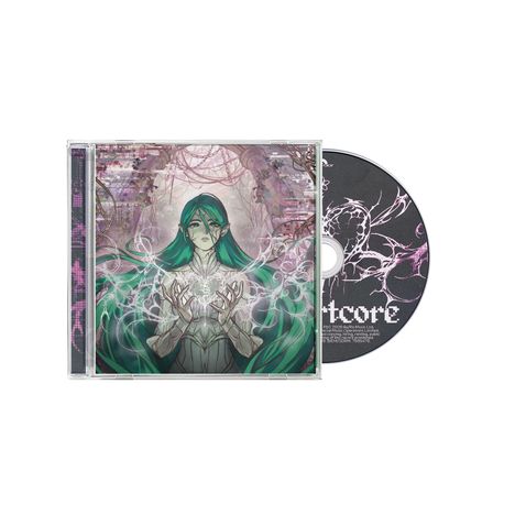 Illustration einer Figur mit grünen Haaren und spitzen Ohren, die Hände durch Energie verbunden. CD mit dekorativen Mustern.