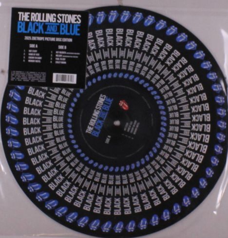 "The Rolling Stones BLACK AND BLUE" 2023 Picture Disc. Mehrfach "BLACK" und Zungen-Logos, spiralförmig angeordnet.