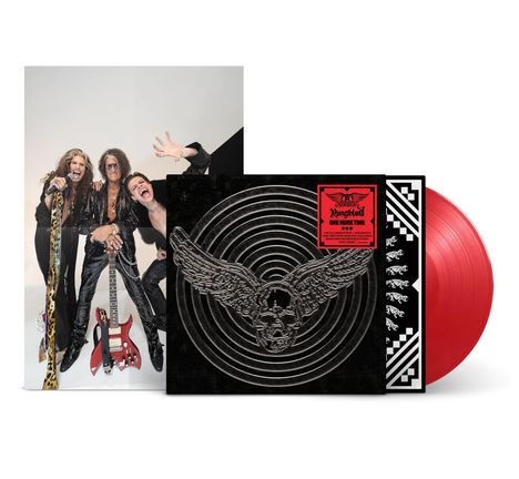 Roter Schriftzug „One More Time“ mit geflügeltem Schädel. Dahinter eine Band mit Gitarren, rotes Vinyl sichtbar.