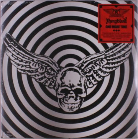 Text: „One More Time“. Illustration: Ein Totenkopf mit Flügeln vor schwarz-weißen Spiralen. Rote Ecke mit weiteren Details.