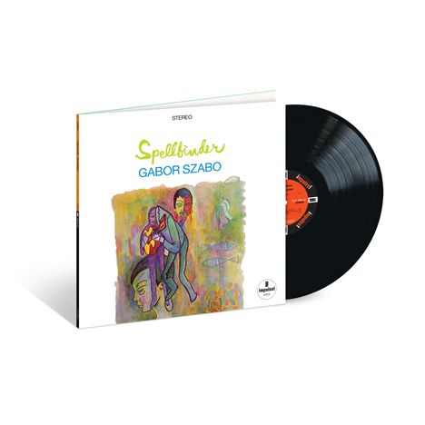 Text: "Spellbinder", "GABOR SZABO", "STEREO". 

Illustration mit stilisierten Figuren und bunten Farben. Eine schwarze Schallplatte ist teilweise sichtbar.