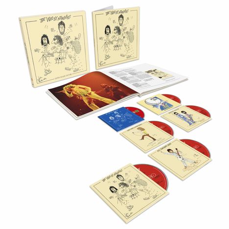 "The Who by Numbers" Deluxe Ausgabe, enthält CDs mit illustrierten Covern und ein offenes Buch mit Konzertfoto.