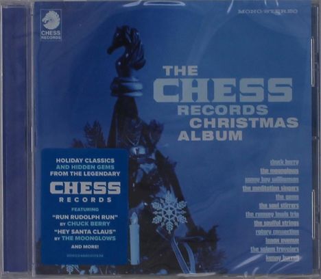 "The Chess Records Christmas Album" mit Künstlern wie Chuck Berry und The Moonglows. Von Schachfigur und Deko umrahmt.