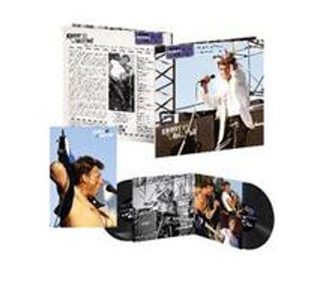 Text: "Live! 1975-85 Bruce Springsteen & The E Street Band." Albumcover mit Fotos einer Band auf einer Bühne.