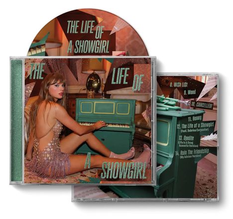 "The Life of a Showgirl" steht auf einem CD-Cover. Eine Frau sitzt in einem glitzernden Kleid spielend vor einem grünen Klavier.