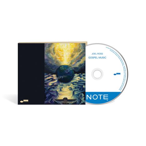 JOEL ROSS GOSPEL MUSIC. CD mit blauer Markierung. Illustration: Weltkugel, Noten und leuchtender Himmel.