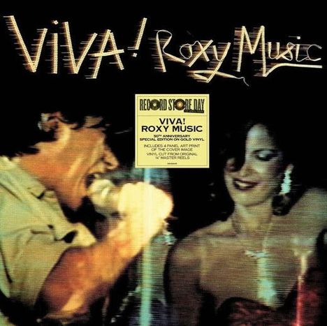 "VIVA! Roxy Music" steht oben. Eine verschwommene Szene mit einem Sänger und einer Frau darunter. In der Mitte klebt ein Sticker.
