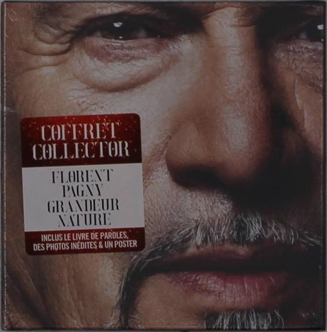 Text: "COFFRET COLLECTOR, FLORENT PAGNY, GRANDEUR NATURE." Nahaufnahme eines Gesichts mit Bart und ernster Miene.