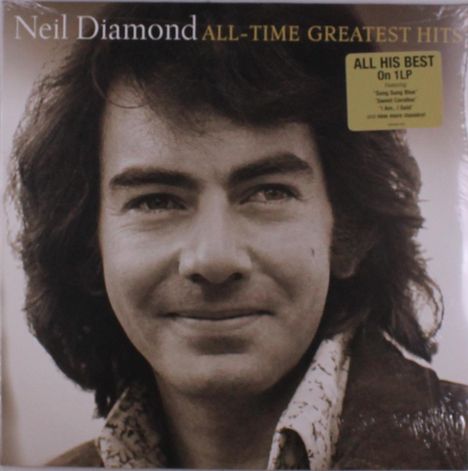 "Neil Diamond All-Time Greatest Hits" und ein Aufkleber sagt: "All His Best On 1 LP". Ein Mann lächelt leicht.