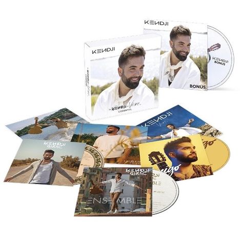 Box-Set mit CDs und Karten. Texte: "Kendji", "L'essentiel", "Bonus", "Ensemble". Fotos eines Mannes mit Bart.
