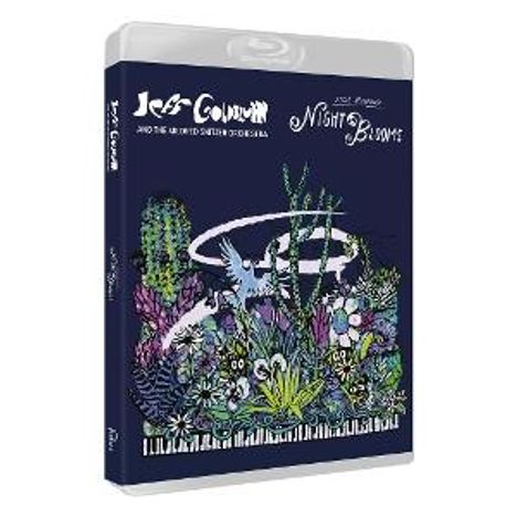 "Jess Conrad and His Reunited Savages Orchestra: Night Bloom". Bunte Illustration von Pflanzen und Musiknoten auf einem Cover.