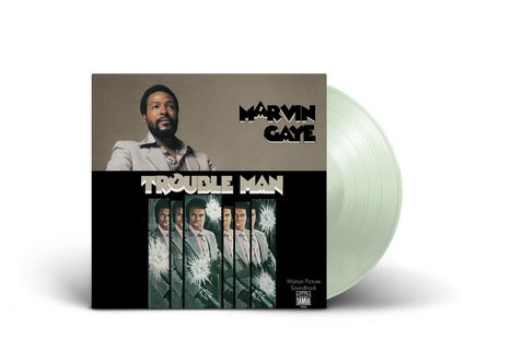 "Marvin Gaye", "Trouble Man", "Motion Picture Soundtrack". Oben ein Mann im Anzug, unten Spiegelungseffekt.