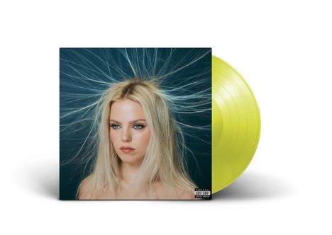 Ein gelbes Vinyl mit einem Cover: Frau mit langen blonden Haaren, die spitz nach außen stehen, und einem "Parental Advisory"-Hinweis.