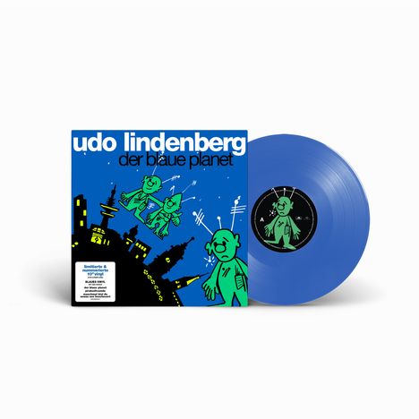 „udo lindenberg der blaue planet“: Ein blaues Vinyl mit Cartoon-Aliens über einer Stadtlandschaft.