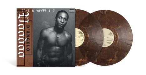 Text: "D'ANGELO Voodoo". Cover zeigt einen muskulösen Mann, daneben zwei braun-gemusterte Schallplatten.