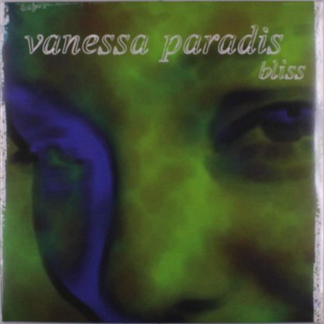 Text: "vanessa paradis" oben, "bliss" unten. Dunkle, abstrakte Illustration eines Gesichts in Grün- und Blautönen.