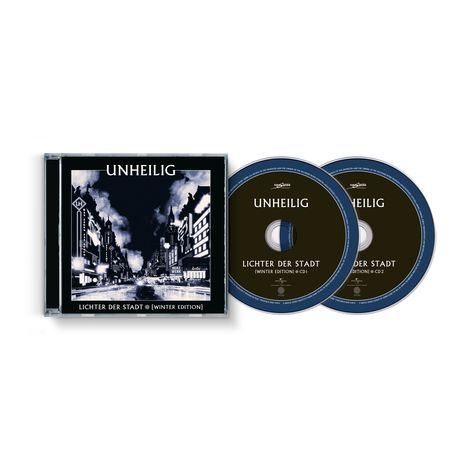 "UNHEILIG, LICHTER DER STADT [WINTER EDITION]" auf CD-Cover und zwei CDs, schwarz-weiße Stadtansicht.