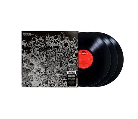 Text: "Wheels Of Fire", "Cream", "Live at the Fillmore & Winterland". Schwarz-weiße, psychedelische Illustrationen mit Sonne und Mustern.