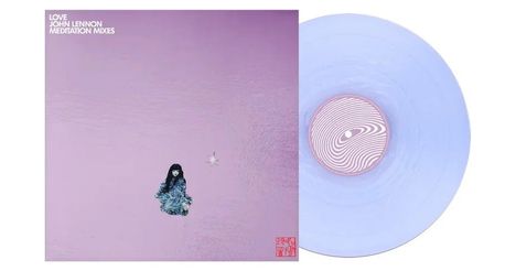 Oben links: "LOVE JOHN LENNON MEDITATION MIXES". Illustration: Frau in Blau auf rosa Hintergrund, daneben ein Stern.
