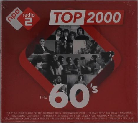 TOP 2000, The 60's. Musiker-Fotos mit Bandnamen wie The Who, Bob Dylan, Aretha Franklin auf rotem Hintergrund.