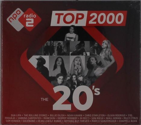 "TOP 2000", "The 20's". NPO Radio 2 Logo. Künstlernamen unten. Schwarz-weiß Portraits von Musikern auf rotem Hintergrund.