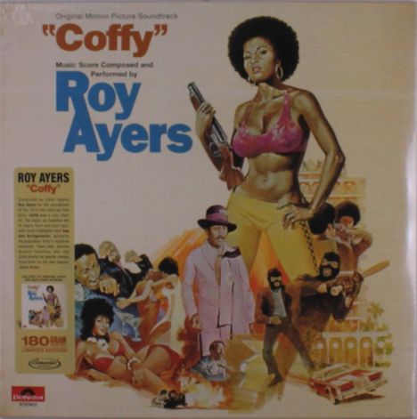 Soundtrack von "Coffy", komponiert von Roy Ayers. Illustration einer Frau mit Waffe, im Hintergrund Szenen von Gewalt.
