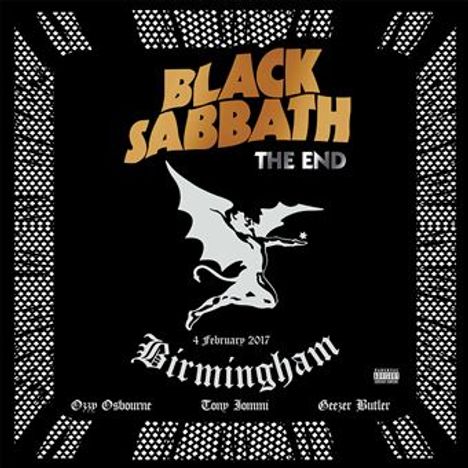 Schrift "Black Sabbath THE END", "4 February 2017 Birmingham", Namen: Ozzy Osbourne, Tony Iommi, Geezer Butler. Fledermausfigur.