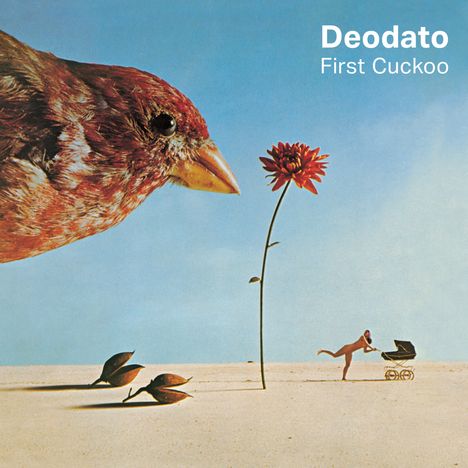 „Deodato First Cuckoo“. Ein großes Vogelgesicht, ein hoher Blütenstängel, eine winzige Person mit Kinderwagen.