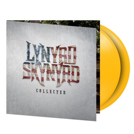 Text: "LYNYRD SKYNYRD COLLECTED". Ein Albumcover mit amerikanischer Flagge in den Buchstaben und zwei gelben Schallplatten.