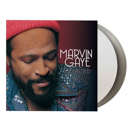 "MARVIN GAYE COLLECTED". Nahaufnahme eines Mannes mit roter Mütze und verziertem Hemd, lächelnd. Zwei Vinyl-Schallplatten.