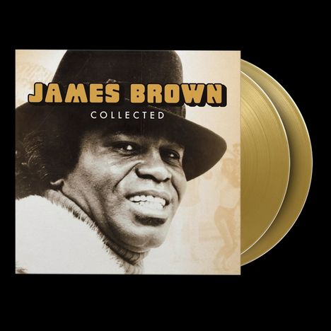 „James Brown Collected“ vor goldenem Schallplatten-Hintergrund; Abbildung eines lächelnden Mannes mit Hut.