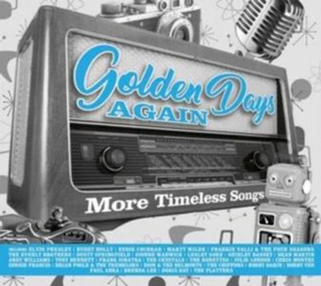 „Golden Days Again“, „More Timeless Songs“. Retro-Radio, Mikrofon, Kamera, Roboter. Vintage-Musikthemen.