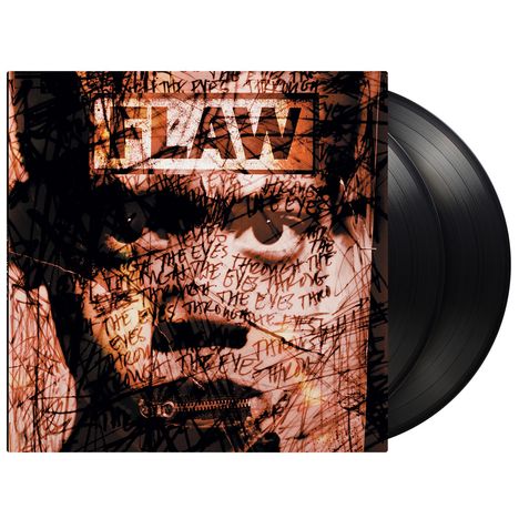 "FLAW" in großen Buchstaben, darunter chaotische Texte. Im Hintergrund ein fragmentiertes Gesicht. Vinyl-Schallplatten am Rand.