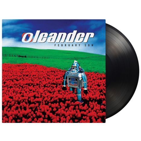 „Oleander“ und „February Son“ stehen oben. Ein Roboter inmitten eines roten Blumenfeldes unter blauem Himmel.