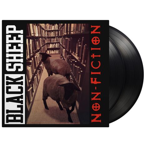 "BLACK SHEEP" und "NON-FICTION" steht am Rand. Zwei schwarze Schafe laufen durch eine Bibliothek voller Bücher.