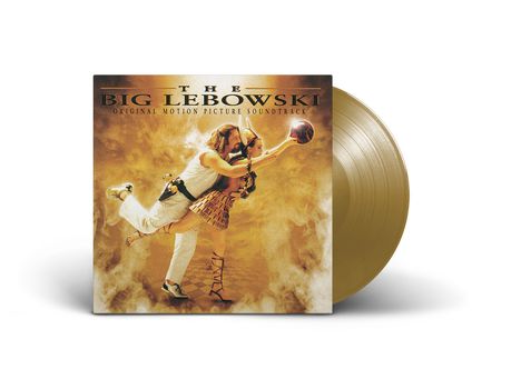 „The Big Lebowski Original Motion Picture Soundtrack“ in großen Buchstaben. Zwei Personen in Tanzpose auf goldenem Hintergrund.