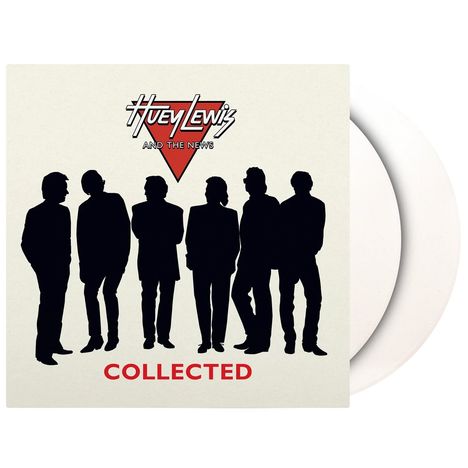 Text: "Huey Lewis and the News", "COLLECTED". Silhouetten von sechs Personen, Logo in Dreieckform.