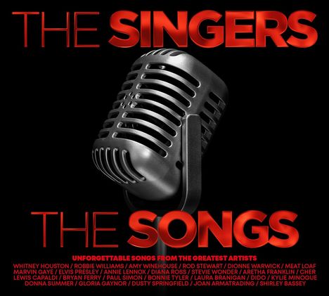 "The Singers, The Songs" in roter Schrift, darunter bekannte Künstlernamen, links ein großes Retro-Mikrofon.