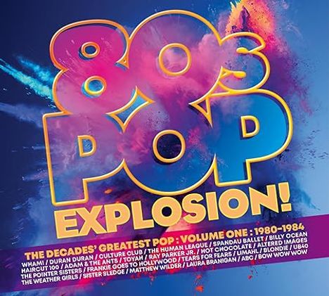 "80s POP EXPLOSION! THE DECADES' GREATEST POP: VOLUME ONE: 1980-1984." Bunte, dynamische Schrift mit Farbspritzern.