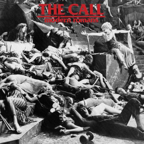 „THE CALL - modern romans“ in roten Buchstaben. Historische Szene mit Menschen in antiker Kleidung, Ausdruck von Erschöpfung.