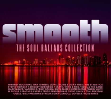 "Smooth - The Soul Ballads Collection" auf lila Hintergrund, darüber Skyline mit beleuchteter Spiegelung im Wasser.