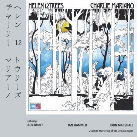 Titel: "HELEN 12 TREES" und "CHARLIE MARIANO". Illustration: Wald mit weiß-blauen Bäumen und gelbem Mond.