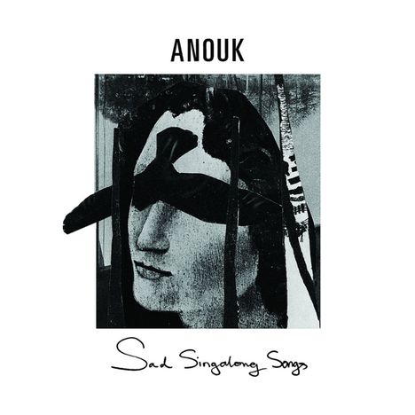 "ANOUK", "Sad Singalong Songs"; Schwarz-Weiß-Illustration eines stilisierten Gesichtes mit abstrakten Elementen.