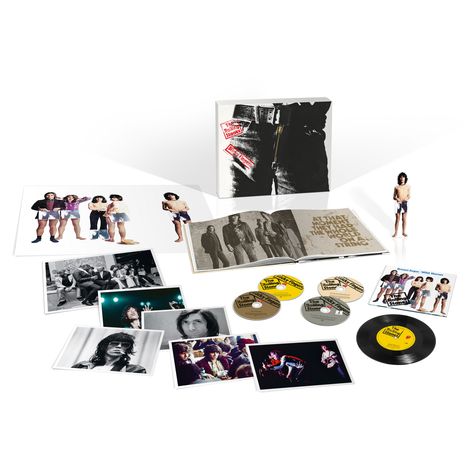 The Rolling Stones: Sticky Fingers (Limited Super Deluxe Edition) (3 CDs + DVD + 7" + Hardcover-Book), 3 CDs, 1 DVD, 1 Single 7", 1 Buch und 1 Merchandise