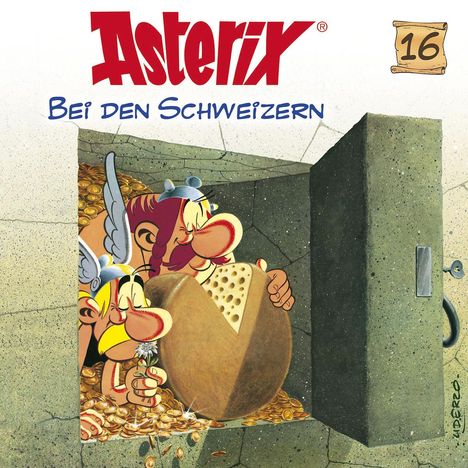 "Asterix bei den Schweizern" und "16" oben. Zwei Figuren neben einem großen Schweizer Käse in einem Raum voller Münzen.