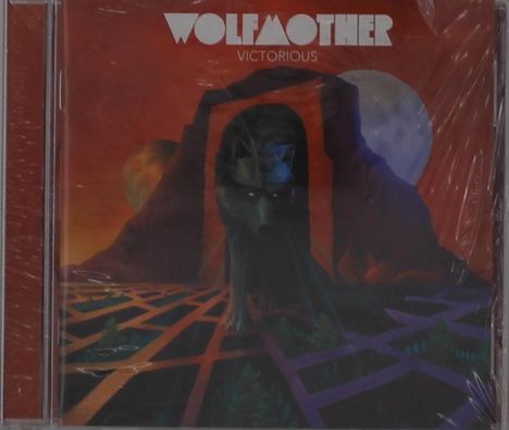 "WOlfmother", "Victorious". Illustration: Wolf vor Bergkulisse, roter Himmel, geometrische Muster im Vordergrund.